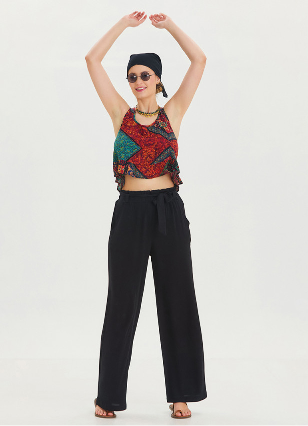 Black Viscose Harem Trousers with Elastic Waist Belt Detail 4571